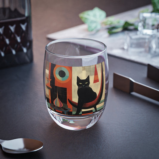 Atomic Whisker Delight: Midcentury Modern Whiskey Glass with Vintage Fashion and Playful Cat Motifs