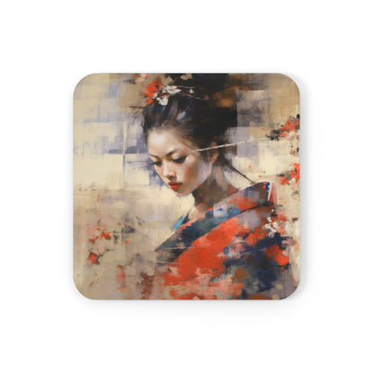 Japanese-Inspired Abstract Oil Painting Corkwood Coaster Set: Celebrating Geisha Beauty