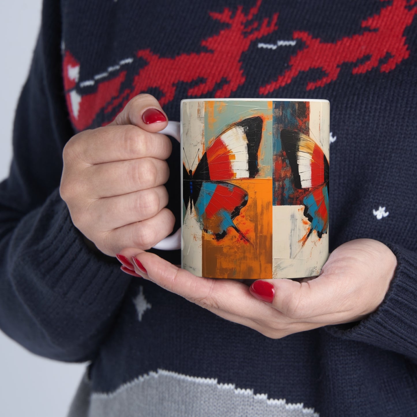 Bauhaus Butterfly Symphony: Ceramic Mug with Vibrant Colors and Intricate Details