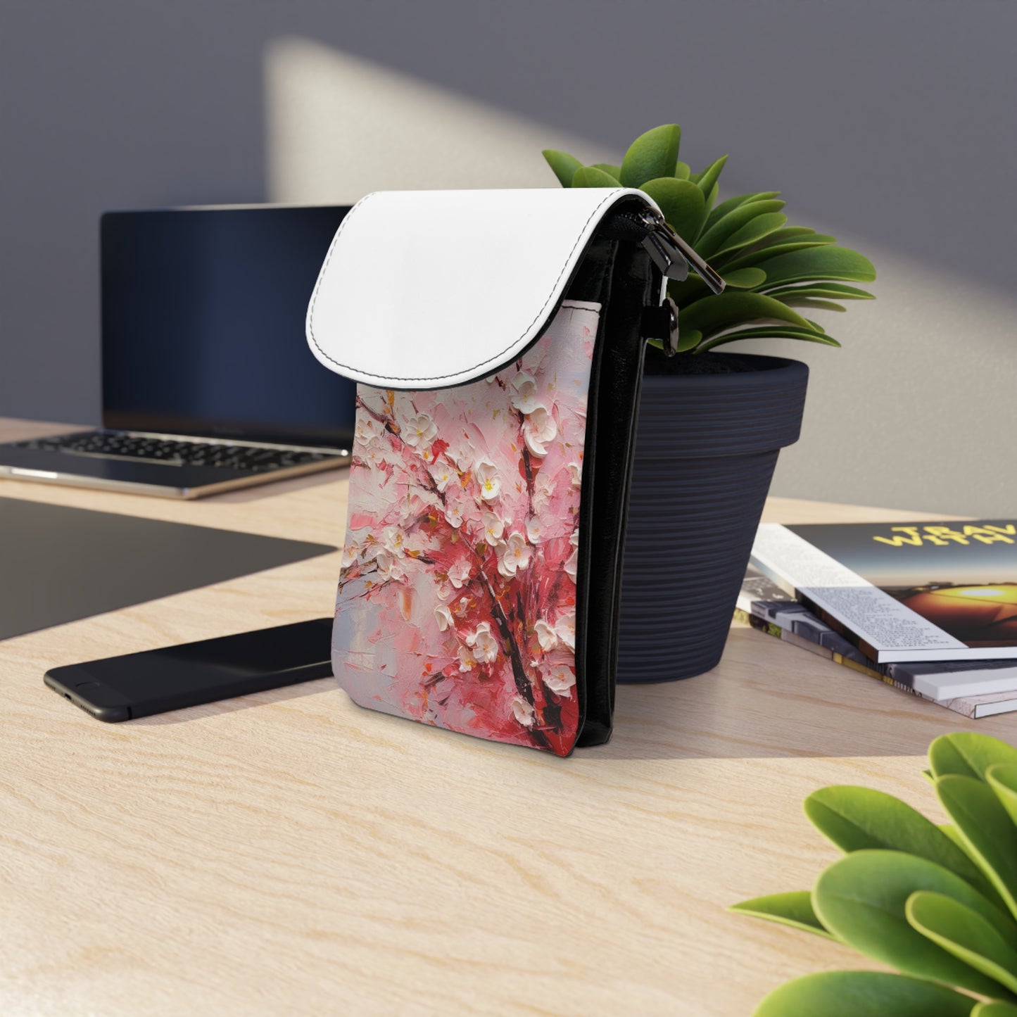 Abstract Cherry Blossom Small Cell Phone Wallet: Captivating Brushstrokes