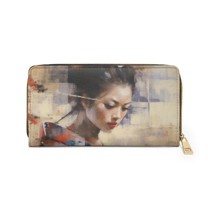 Japanese-Inspired Abstract Oil Painting Zipper Wallet: Celebrating Geisha Beauty