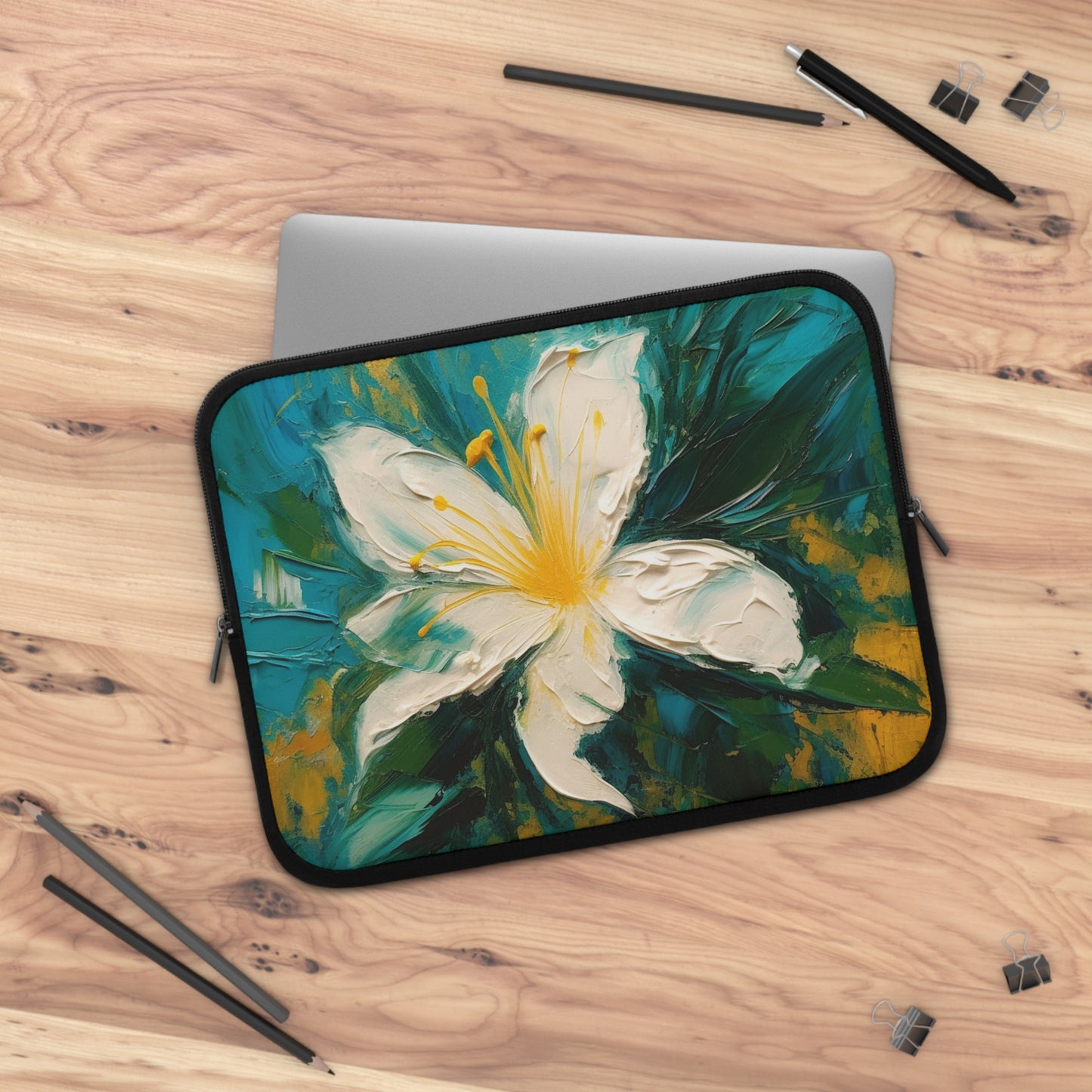 Floral Symphony: Laptop Sleeve featuring an Abstract Oil Painting of Jasmine