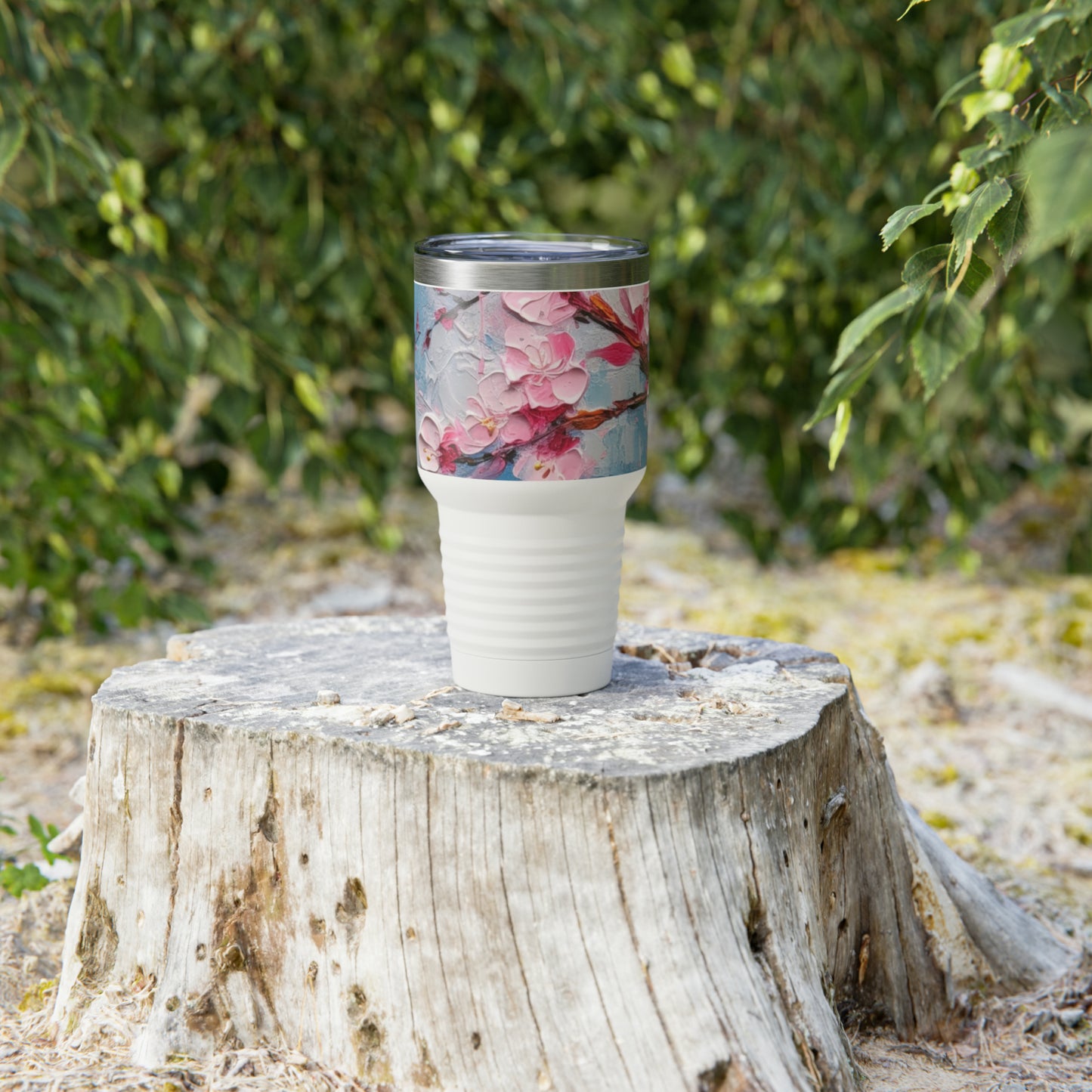 Artistic Elegance: Abstract Oil Painting Cherry Blossom Ringneck Tumbler