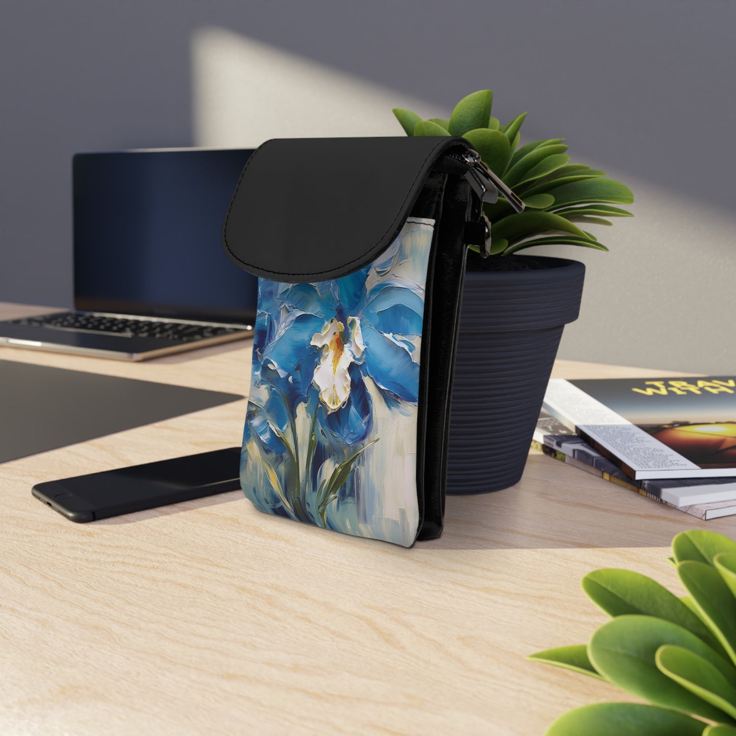 Embrace Artistic Expression with Blue Orchid Abstract Painting Small Cell Phone Wallet