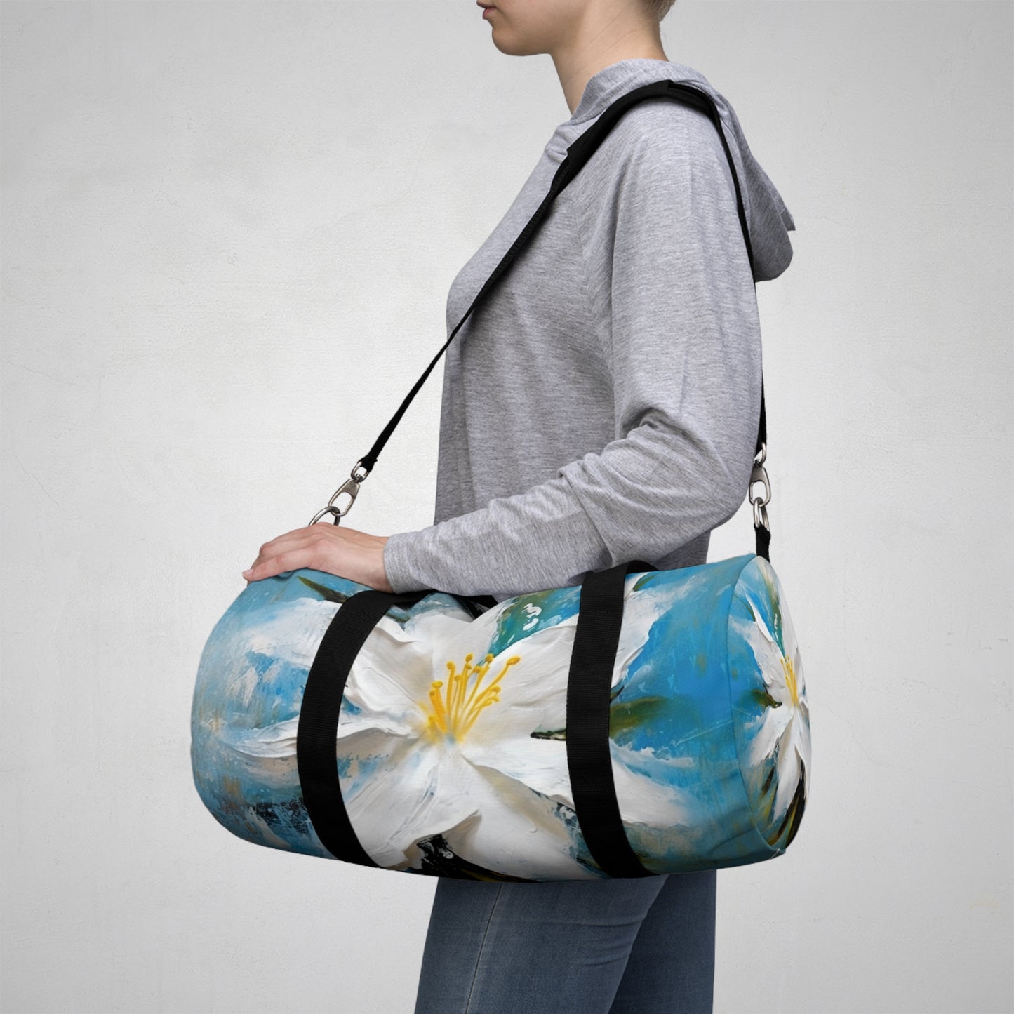 Ethereal Elegance: Duffel Bag featuring an Abstract Oil Painting of Jasmine
