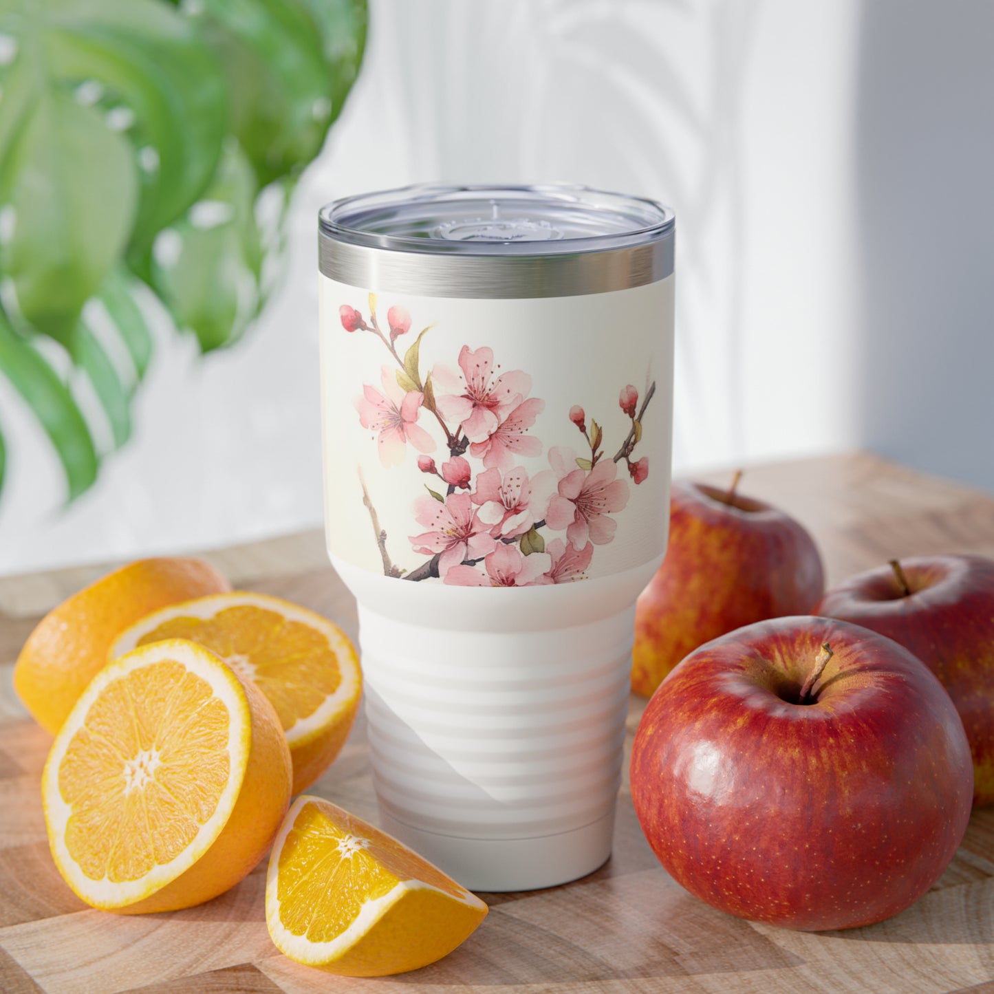 Watercolor Symphony: Ringneck Tumbler with Cherry Blossom Elegance