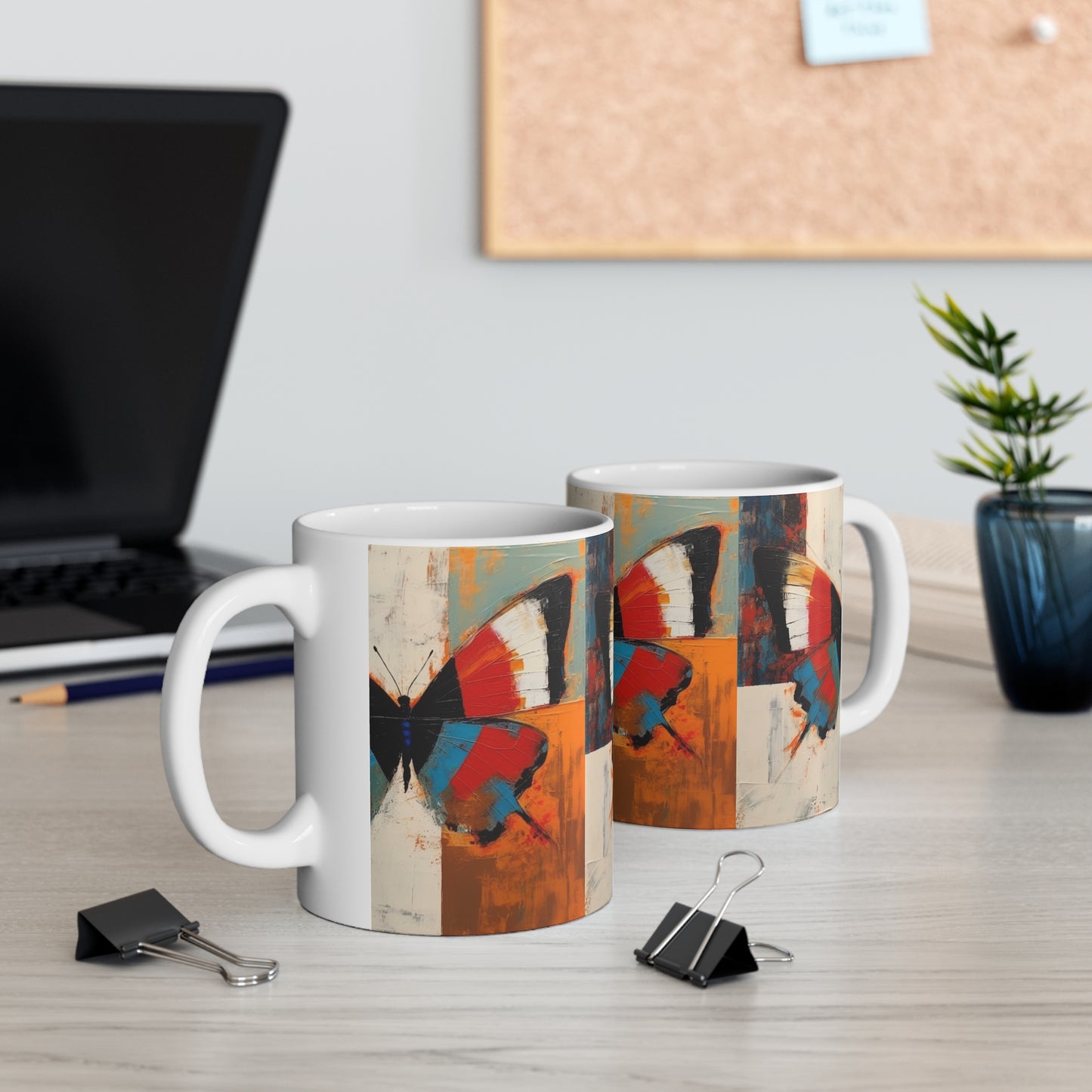 Bauhaus Butterfly Symphony: Ceramic Mug with Vibrant Colors and Intricate Details