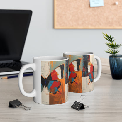 Bauhaus Butterfly Symphony: Ceramic Mug with Vibrant Colors and Intricate Details
