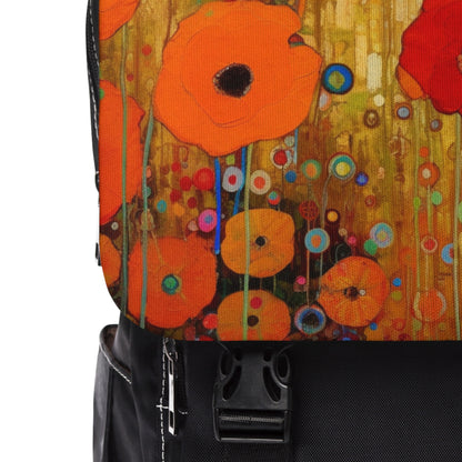 Floral Symphony: Unisex Casual Shoulder Backpack showcasing Gustav Klimt's Poppies in Art Nouveau