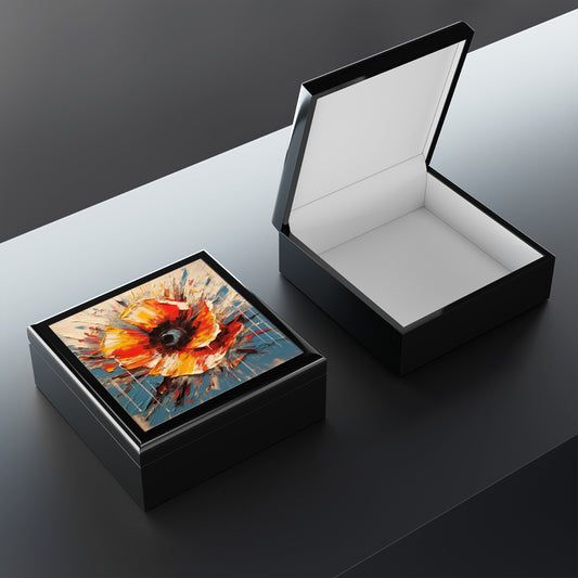 Poppy Symphony: Jewelry Box with Abstract Floral Artwork