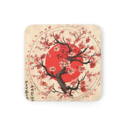 Nature's Brushstrokes: Corkwood Coaster Set Featuring Captivating Cherry Blossom Drawings
