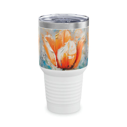 Ringneck Tumbler with Vibrant Orange Tulip: Nature's Beauty in Abstract Artistry