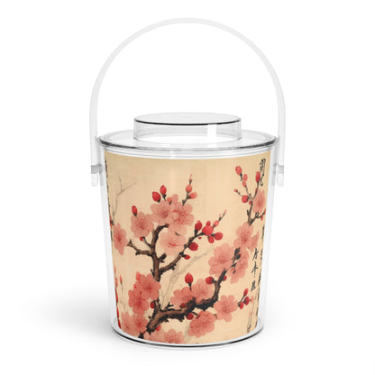 Floral Fusion: Ice Bucket with Tongs Merging Cherry Blossom Beauty and Artistic Flower Drawings