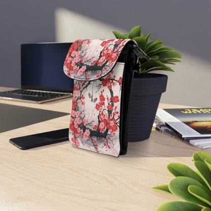 Cherry Blossom Delight: Small Cell Phone Wallet Adorned with Intricate Flower Drawings and Artistry