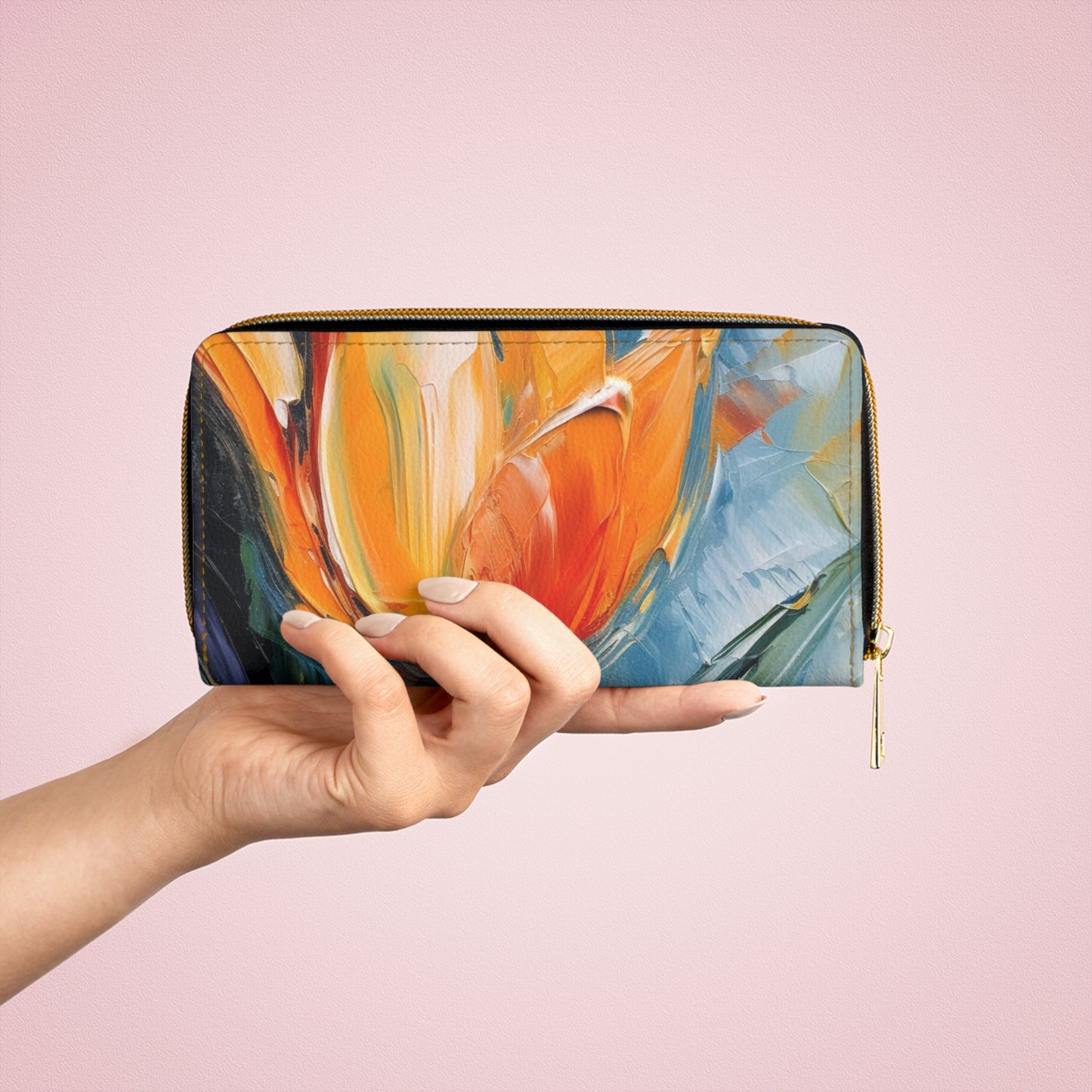 Orange Tulip Magic on Zipper Wallet: A Blossoming Artistic Delight