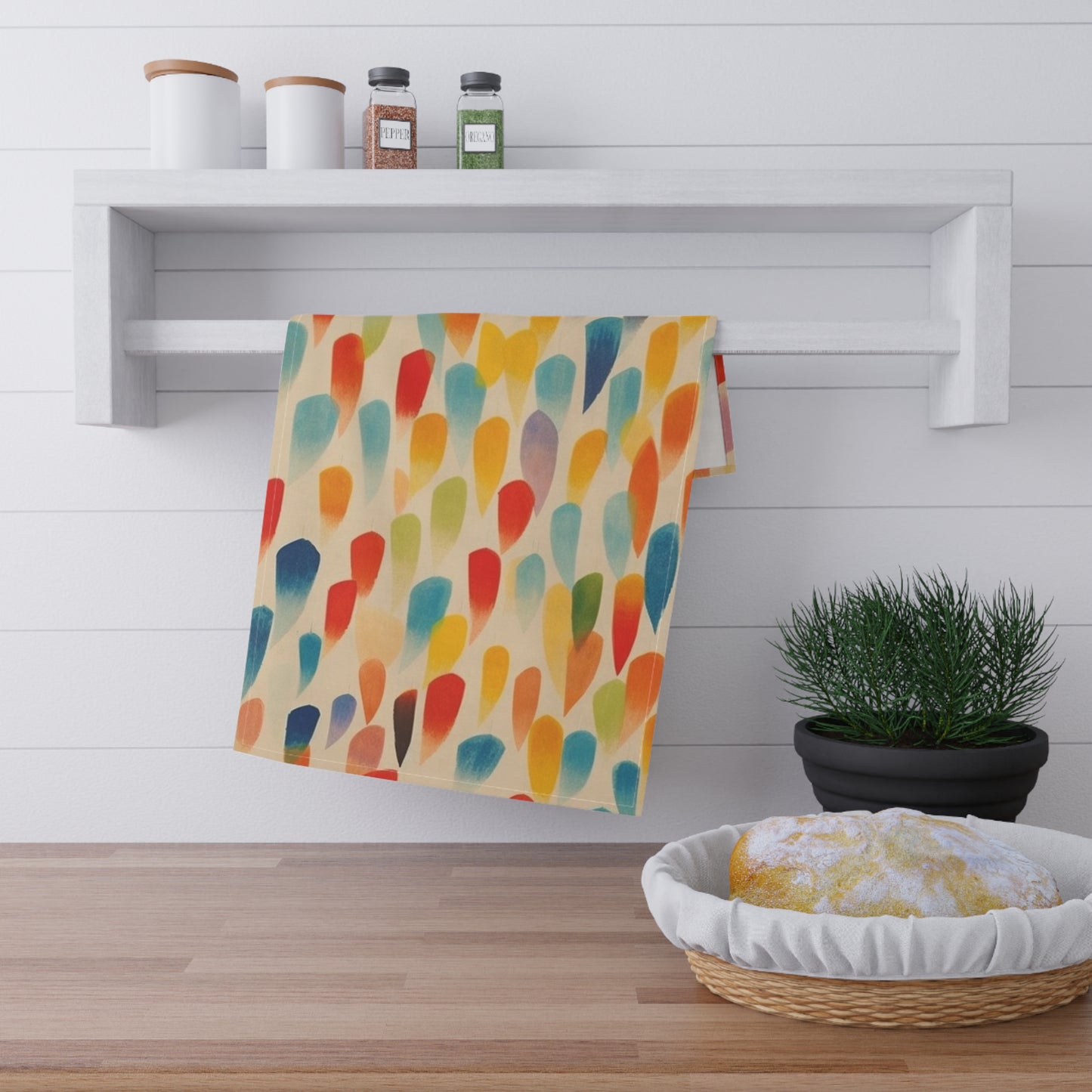 Artistic Expressions: Kitchen Towel Inspired by Tarō Okamoto and Primary Abstraction