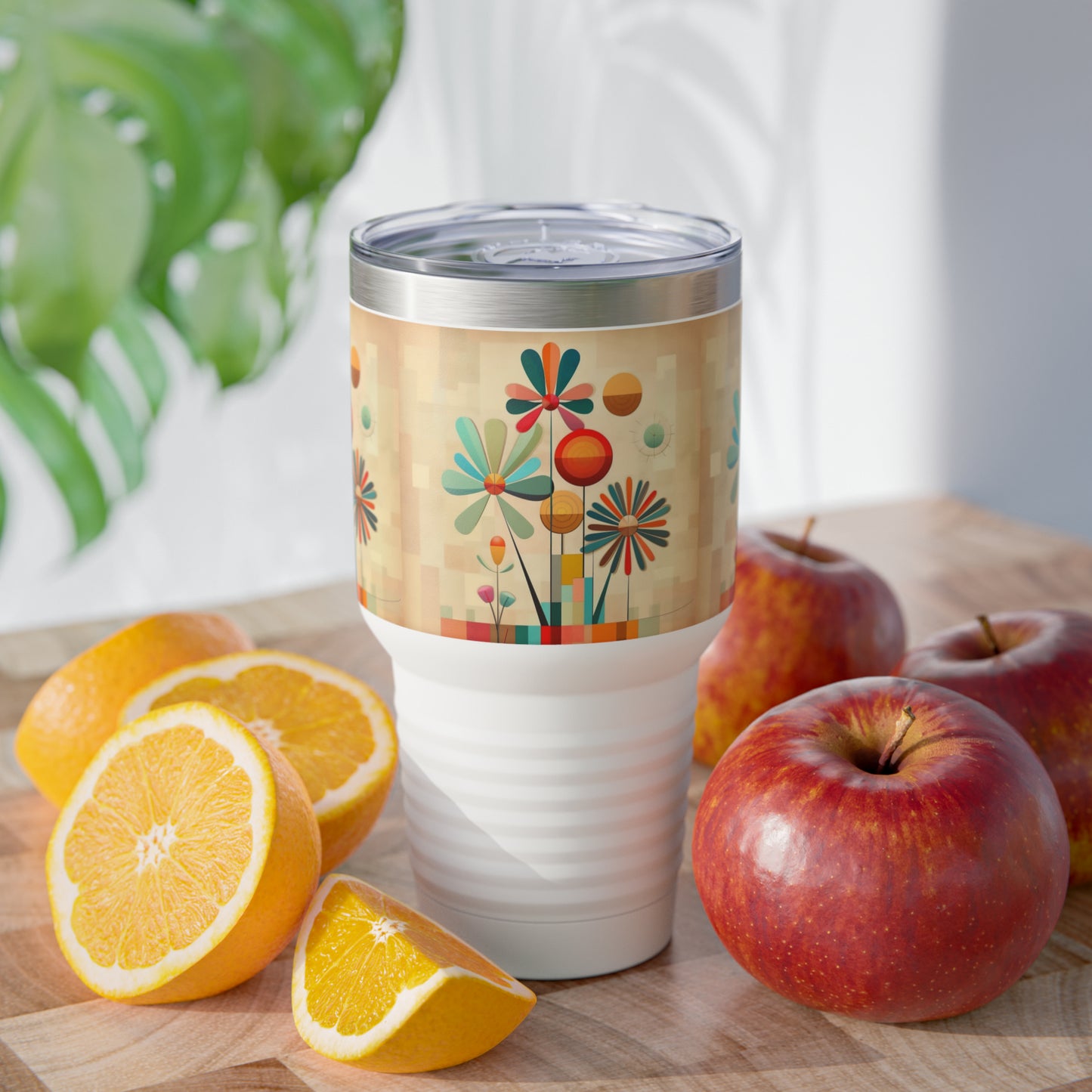 Elegant Blossoms: Midcentury Modern Ringneck Tumbler with Intricate Flower Drawings