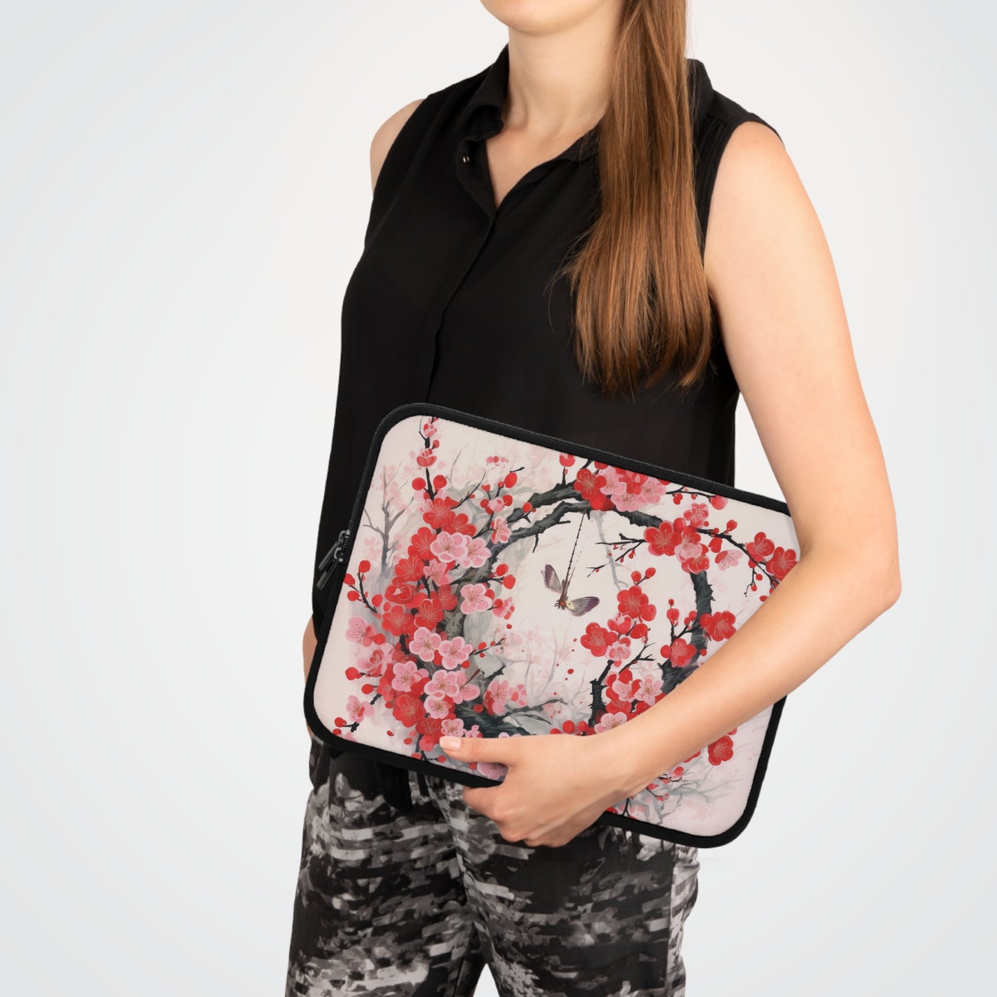 Cherry Blossom Delight: Laptop Sleeve Adorned with Intricate Flower Drawings and Artistry