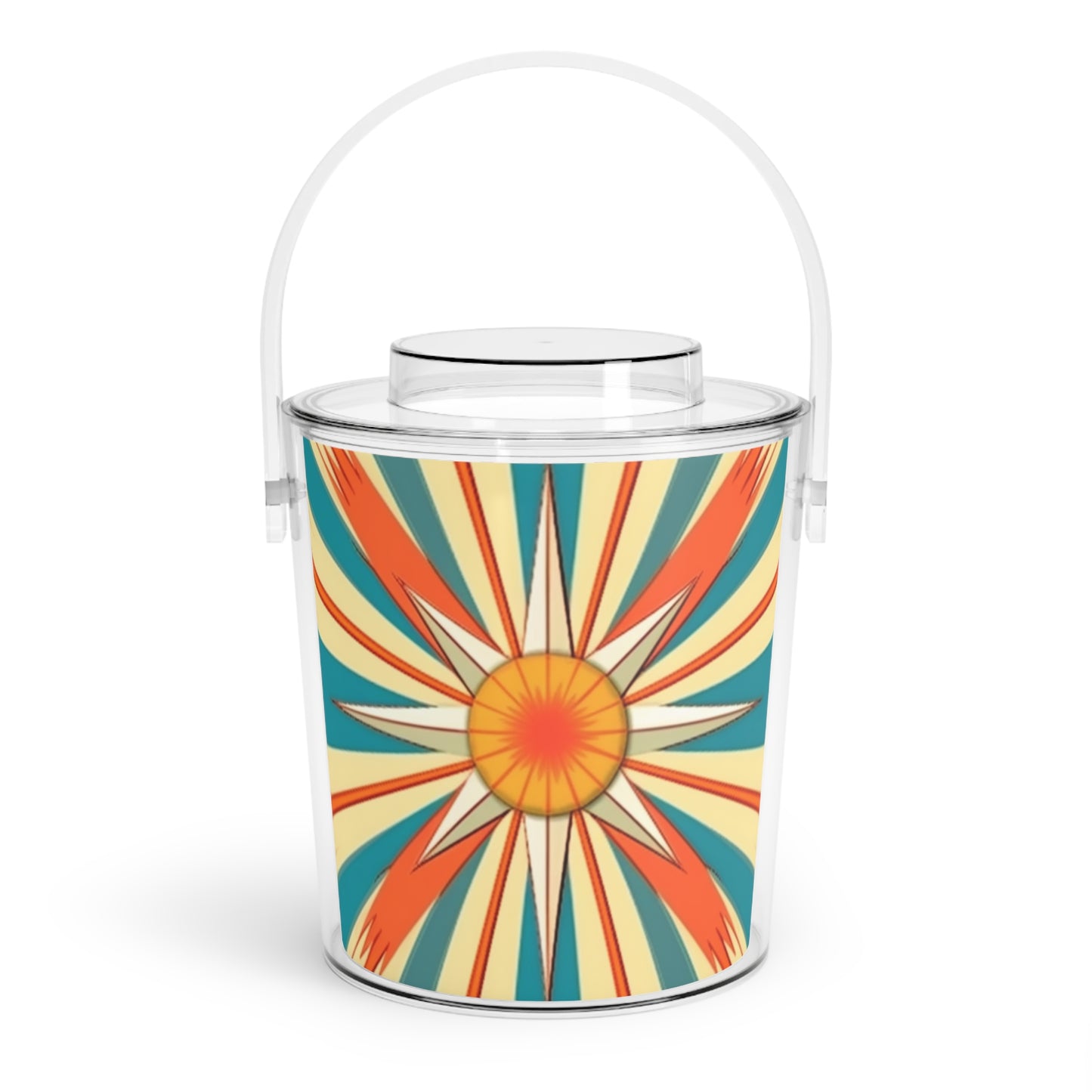 Midcentury Modern Chic: Starburst Candy Colored Ice Bucket with Tongs with Abstract Art Influences