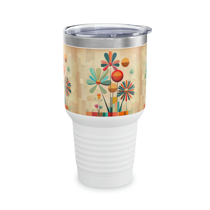Elegant Blossoms: Midcentury Modern Ringneck Tumbler with Intricate Flower Drawings