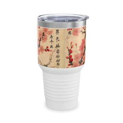 Floral Fusion Delight: Ringneck Tumbler Merging the Beauty of Cherry Blossoms and Artistic Flower Drawings