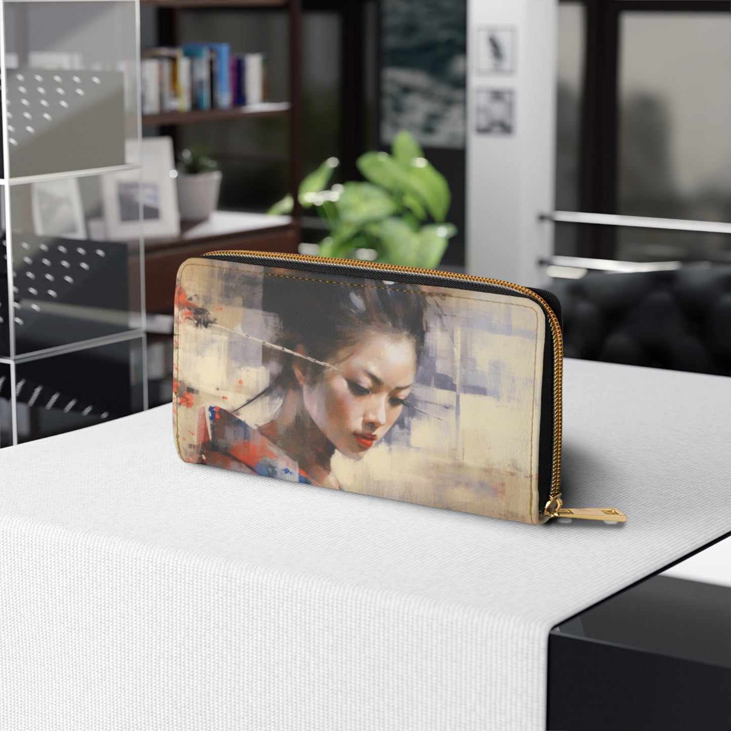 Japanese-Inspired Abstract Oil Painting Zipper Wallet: Celebrating Geisha Beauty