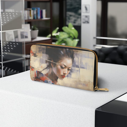 Japanese-Inspired Abstract Oil Painting Zipper Wallet: Celebrating Geisha Beauty