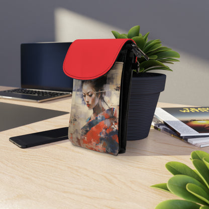 Japanese-Inspired Abstract Oil Painting Small Cell Phone Wallet: Celebrating Geisha Beauty