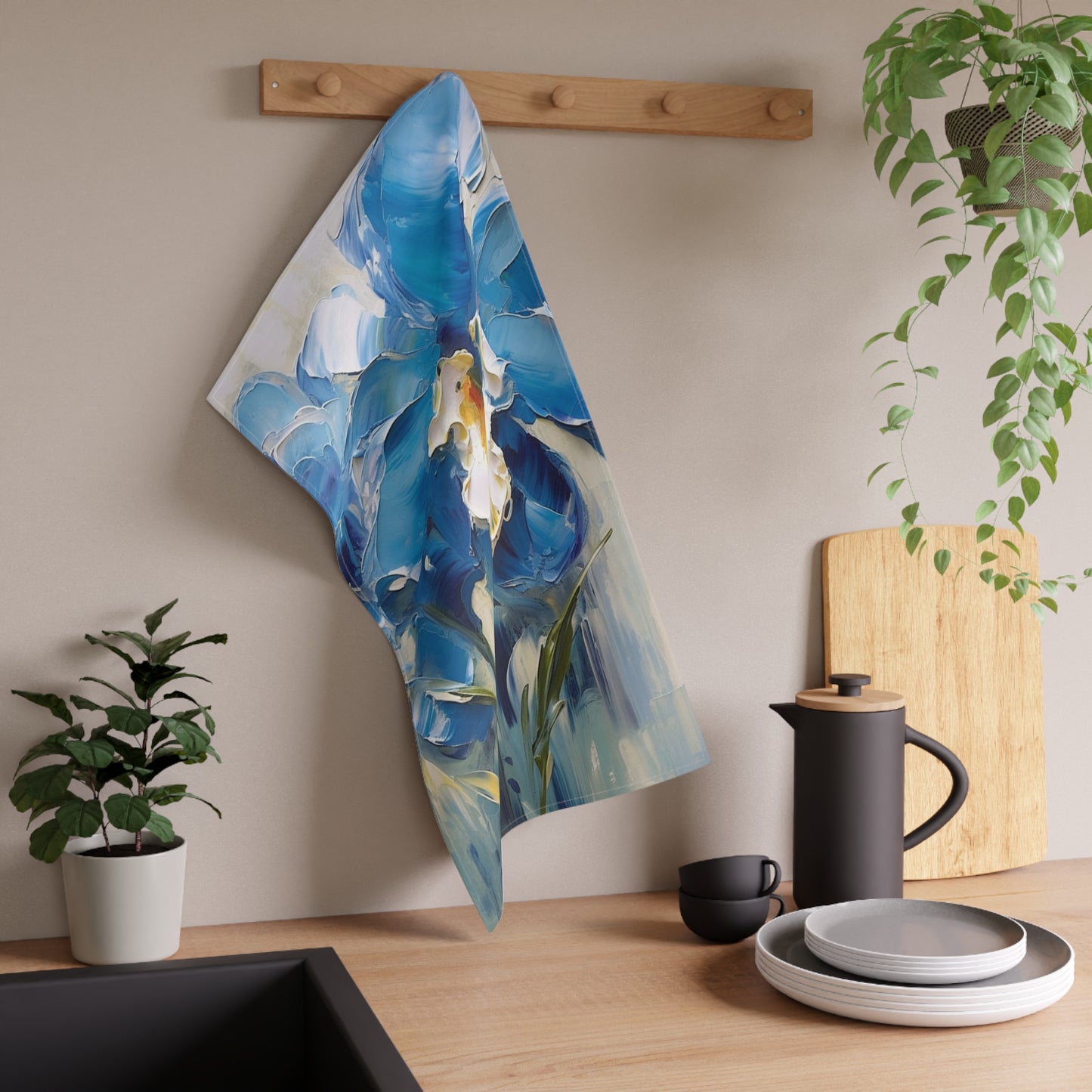 Embrace Artistic Expression with Blue Orchid Abstract Painting Kitchen Towel