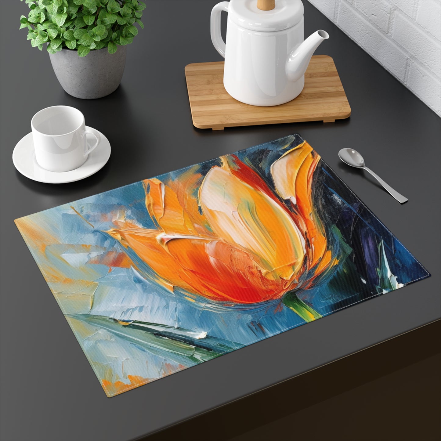Orange Tulip Magic on Placemat: A Blossoming Artistic Delight