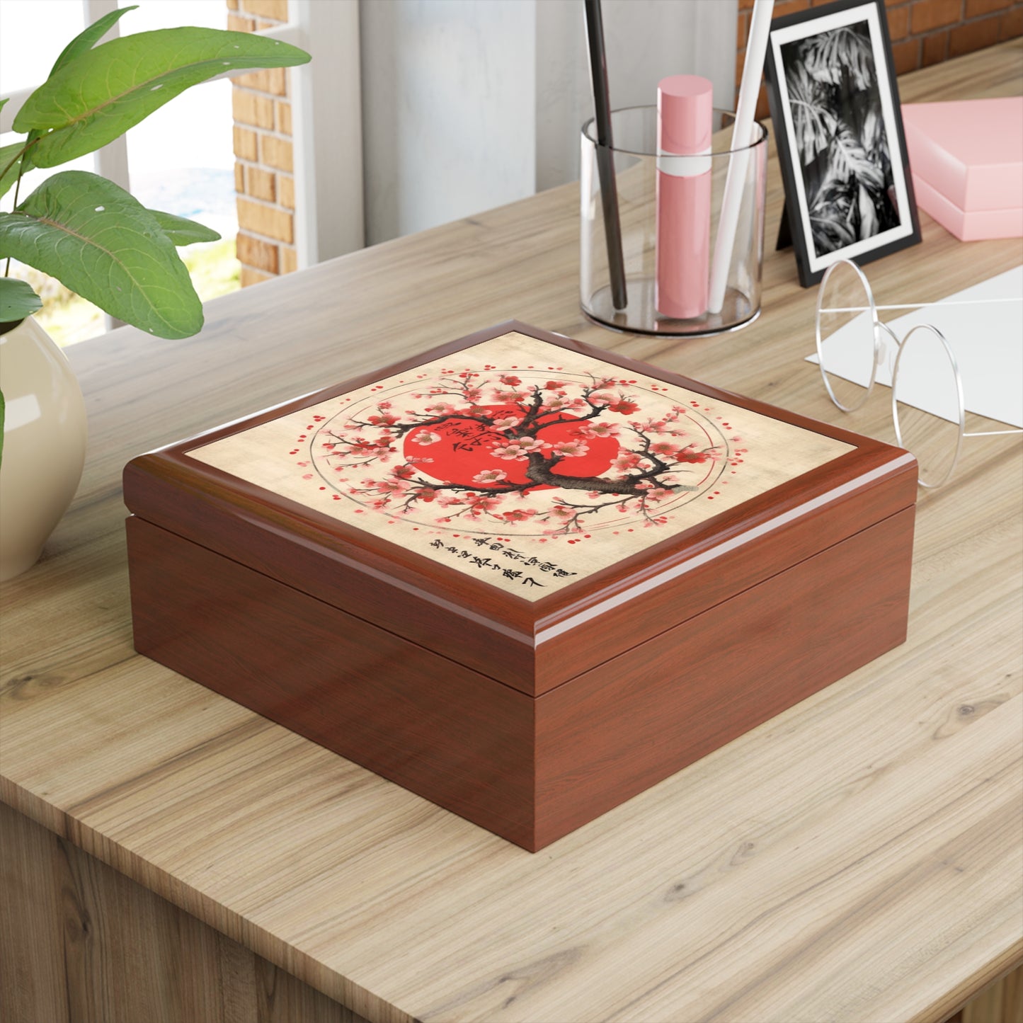 Nature's Brushstrokes: Jewelry Box Featuring Captivating Cherry Blossom Drawings