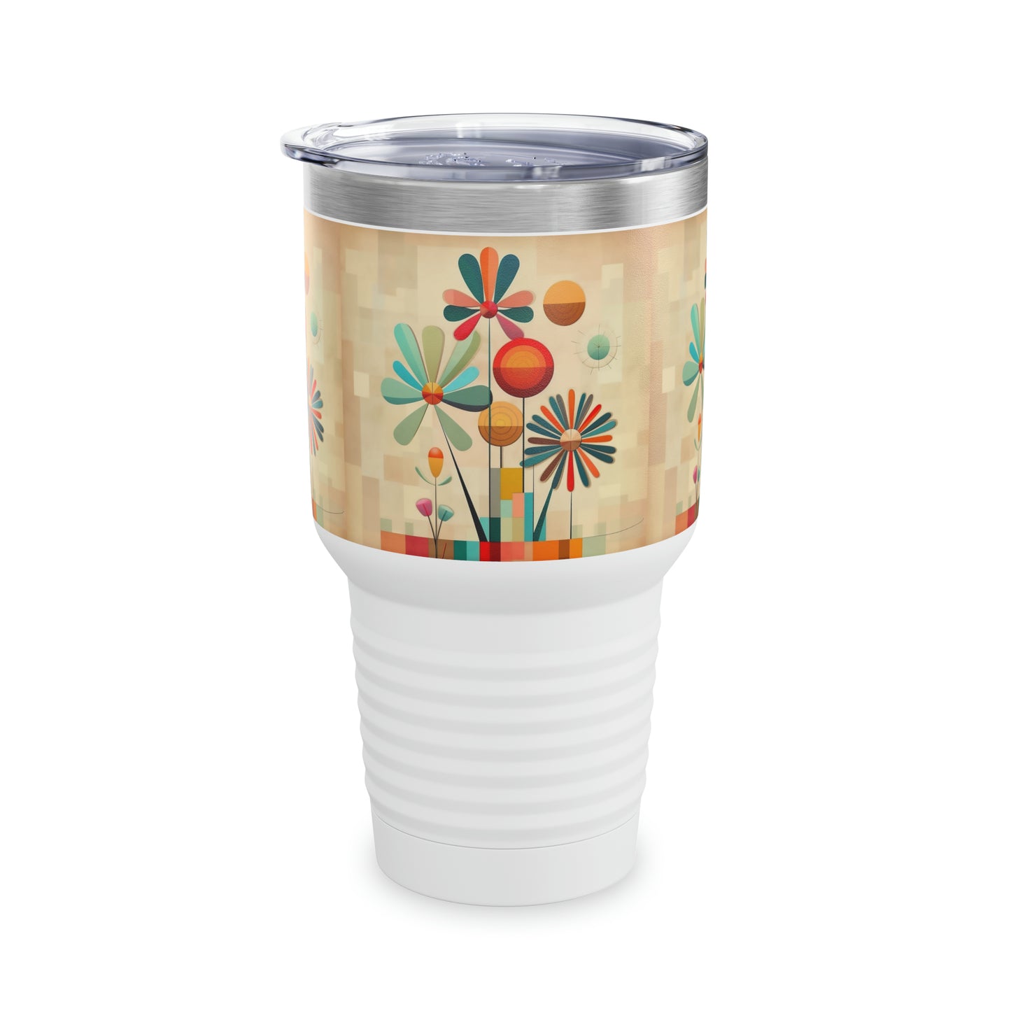Elegant Blossoms: Midcentury Modern Ringneck Tumbler with Intricate Flower Drawings