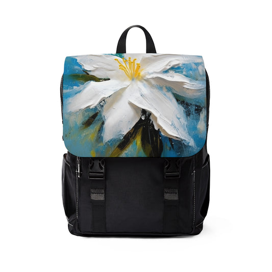 Ethereal Elegance: Unisex Casual Shoulder Backpack featuring an Abstract Oil Painting of Jasmine