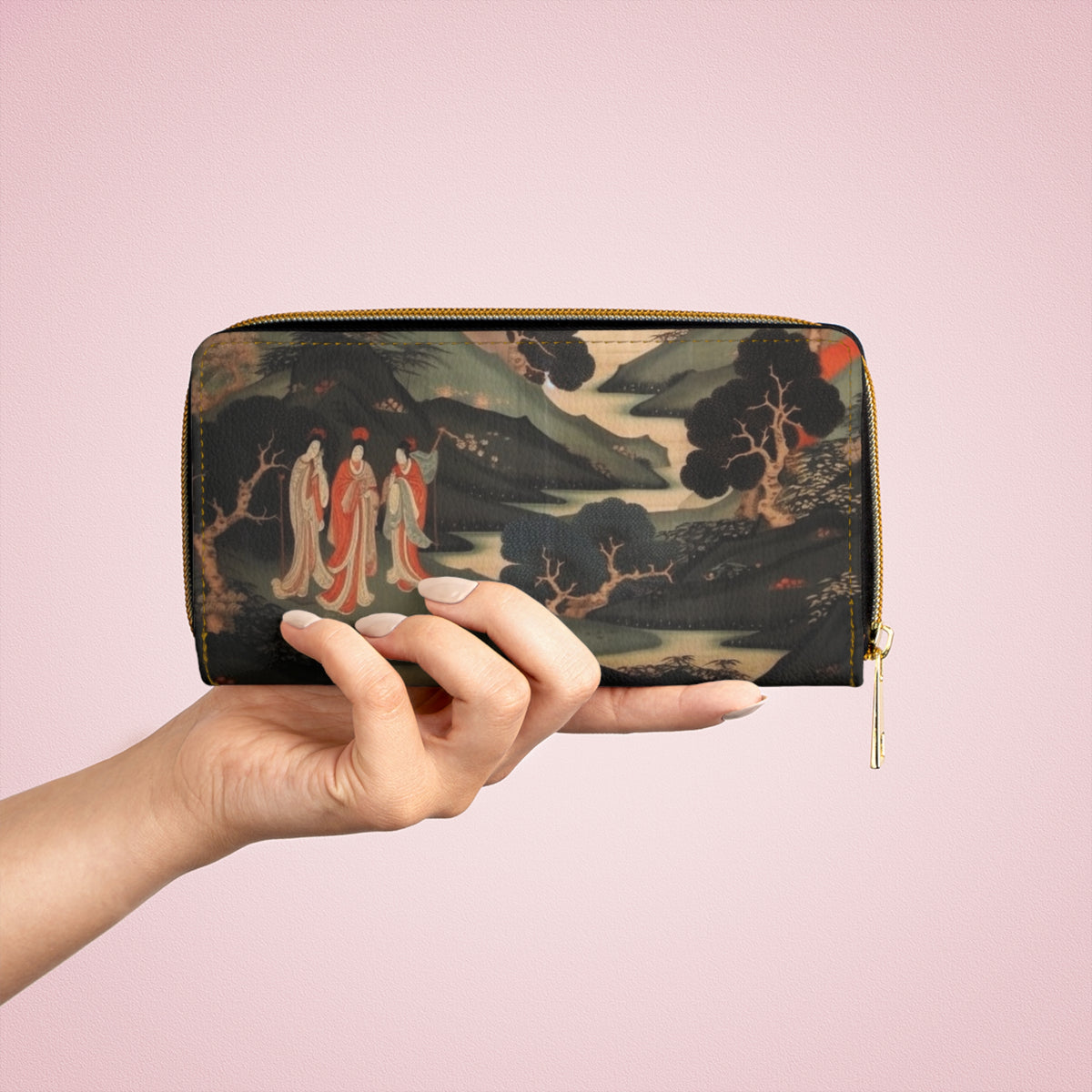 Custom Japanese Tapestry on a Zipper Wallet - Unique Artistic Expression
