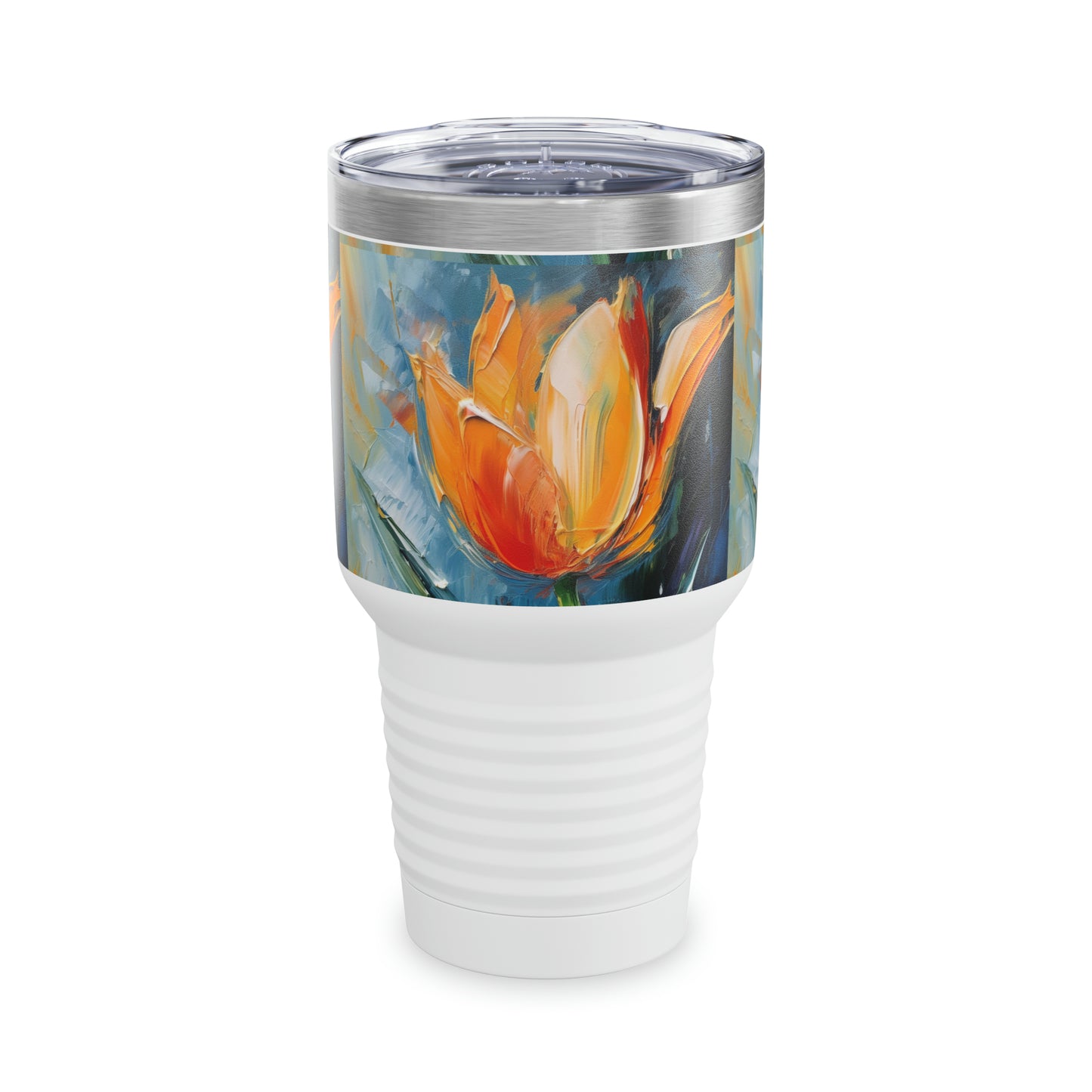Orange Tulip Magic on Ringneck Tumbler: A Blossoming Abstract Oil Painting