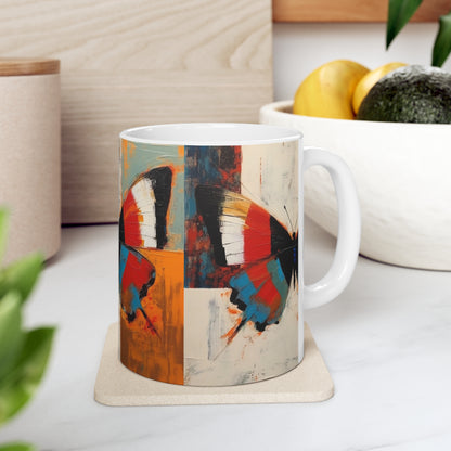 Bauhaus Butterfly Symphony: Ceramic Mug with Vibrant Colors and Intricate Details
