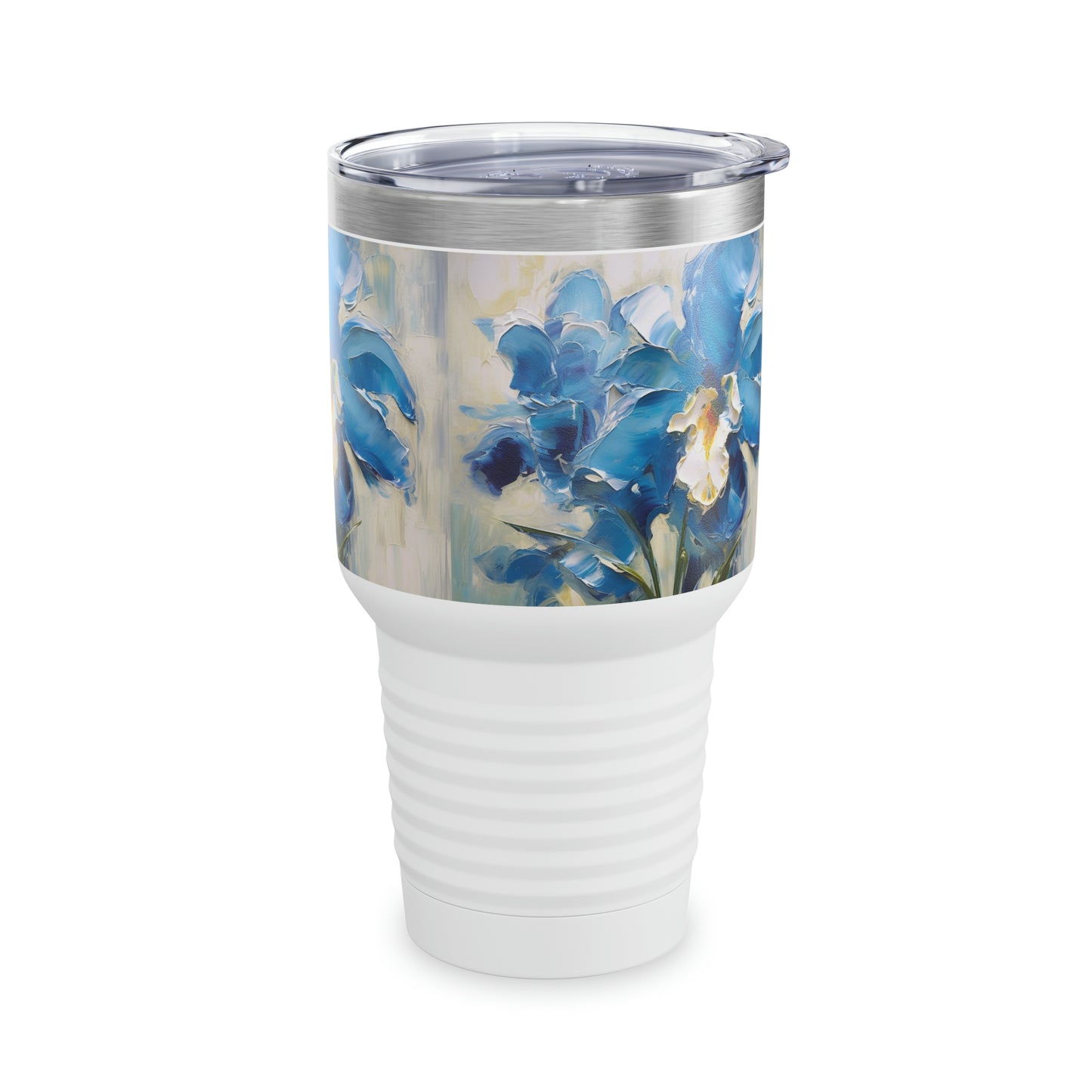 Vibrant Brushwork: Blue Orchid Abstract Painting Ringneck Tumbler, Embrace the Power of Artistic Expression