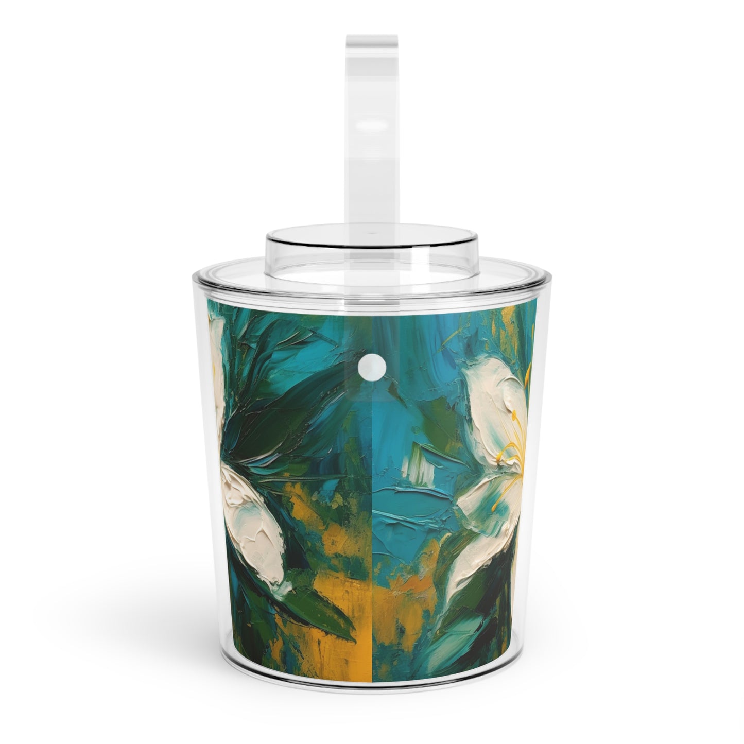 Journey into Artistry: Ice Bucket with Tongs showcasing an Abstract Oil Painting of Jasmine
