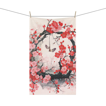 Cherry Blossom Delight: Kitchen Towel Adorned with Intricate Flower Drawings and Artistry