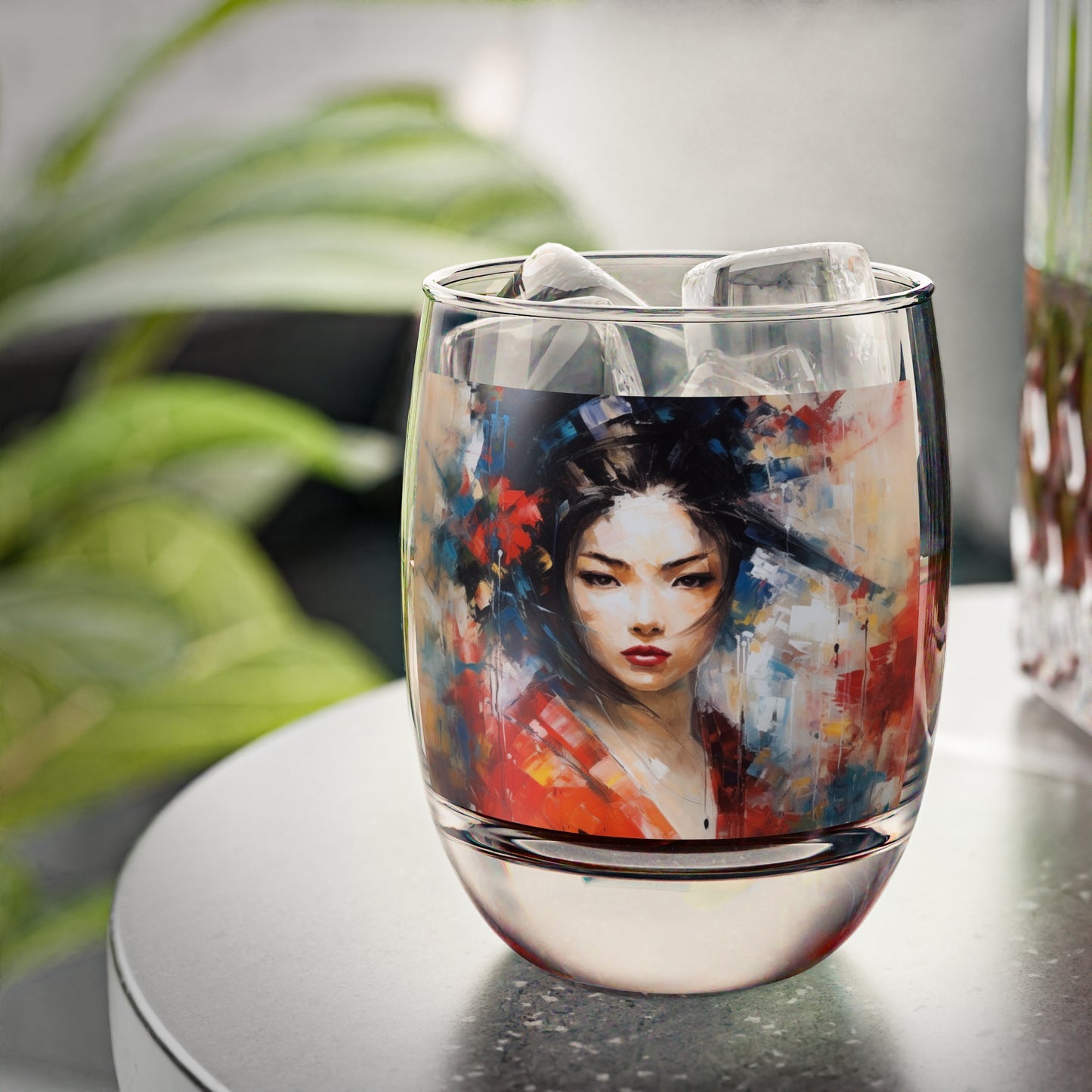 Abstract Geisha Art Whiskey Glass: Captivating Brushstrokes in a Japanese Aesthetic