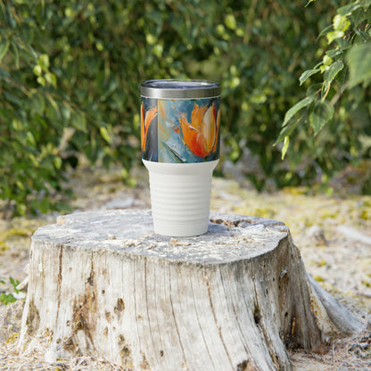 Orange Tulip Magic on Ringneck Tumbler: A Blossoming Abstract Oil Painting