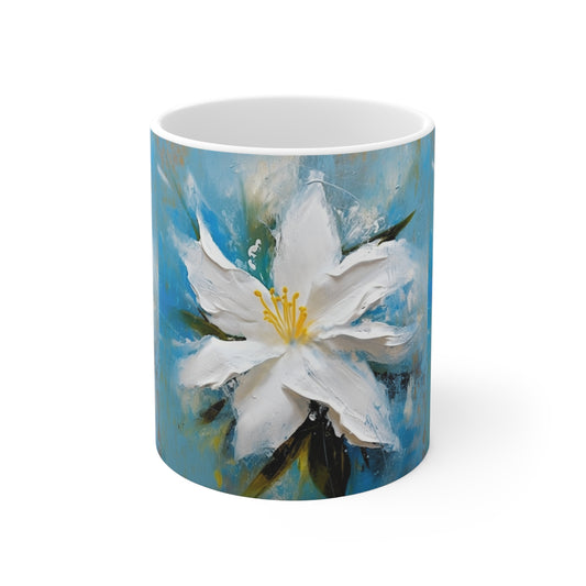 Ethereal Elegance: Ceramic Mug featuring an Abstract Oil Painting of Jasmine