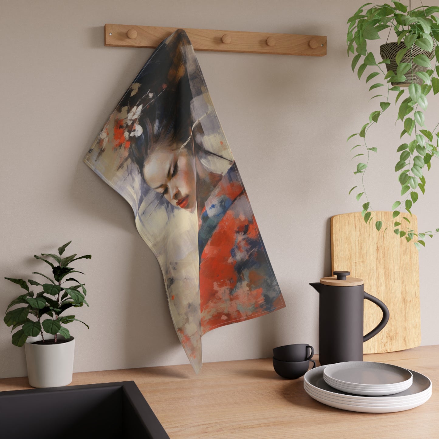 Japanese-Inspired Abstract Oil Painting Kitchen Towel: Celebrating Geisha Beauty