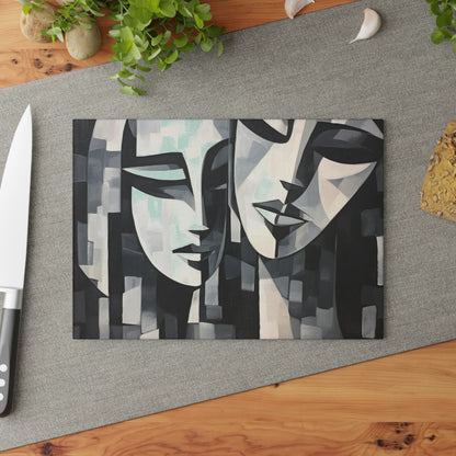 Abstract Oil Paint Glass Cutting Board: Cubist Artistry in a Portable Masterpiece