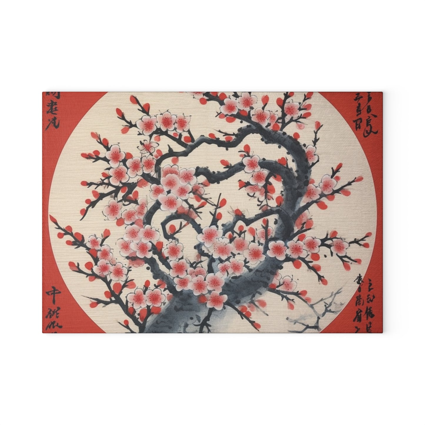 Enchanting Petal Symphony: Glass Cutting Board Celebrating Cherry Blossom Tree Drawings