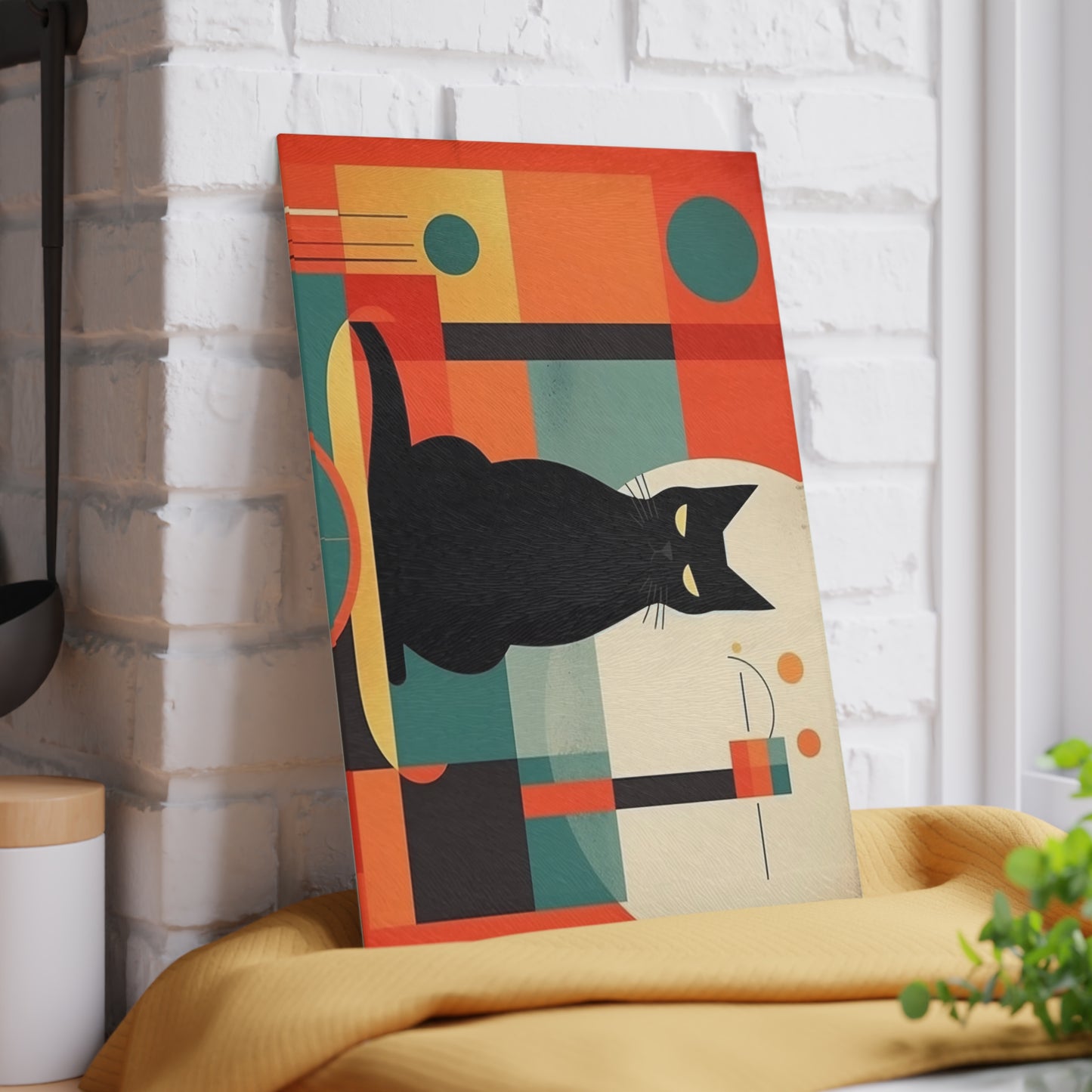 Artistic Abstractions and Playful Paws: Modern Abstract Cat Art-inspired Glass Cutting Board with Atomic Age Flair