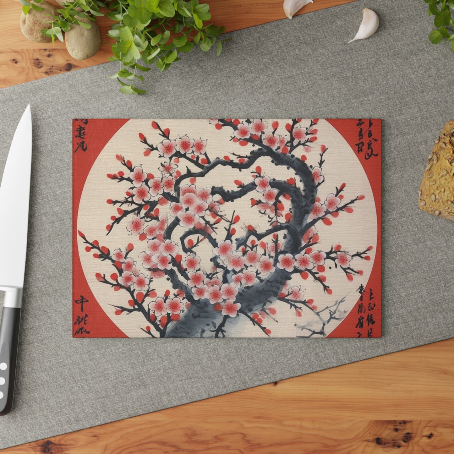 Enchanting Petal Symphony: Glass Cutting Board Celebrating Cherry Blossom Tree Drawings