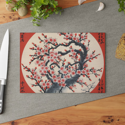 Enchanting Petal Symphony: Glass Cutting Board Celebrating Cherry Blossom Tree Drawings