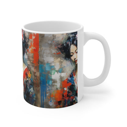 Abstract Wallpaper Bliss: Geisha Painting Ceramic Mug for Coffee Lovers
