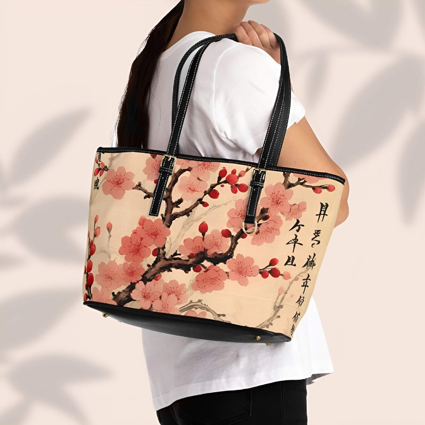 Floral Fusion: PU Leather Shoulder Bag Merging Cherry Blossom Beauty and Artistic Flower Drawings